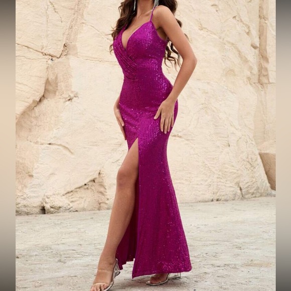 Luxe slit thigh prom wedding party sequins  dress - Picture 2 of 8